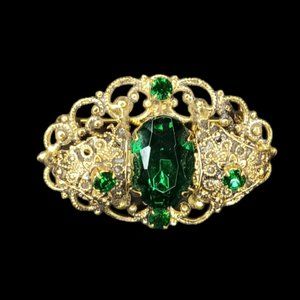 Gold Filigree Brooch Pin Green Stones Victorian Prong Settings Oval Goldtone